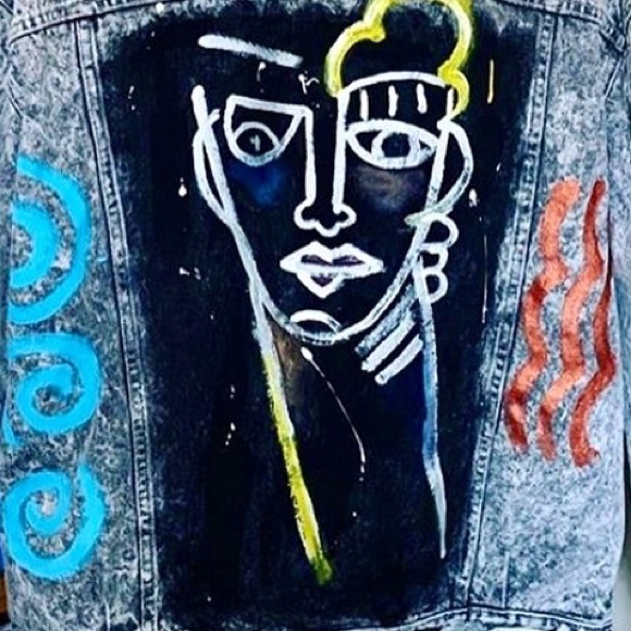 ZEUS Retro Acid Wash Custom Painted Streetstyle Boyfriend Denim Trucker Jacket L - Picture 6 of 6